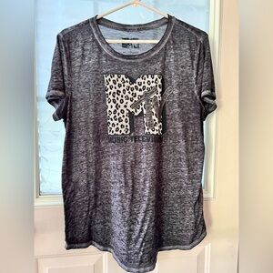 MTV burnout black t shirt with leopard print logo. Short sleeve, crew neck. Sz L